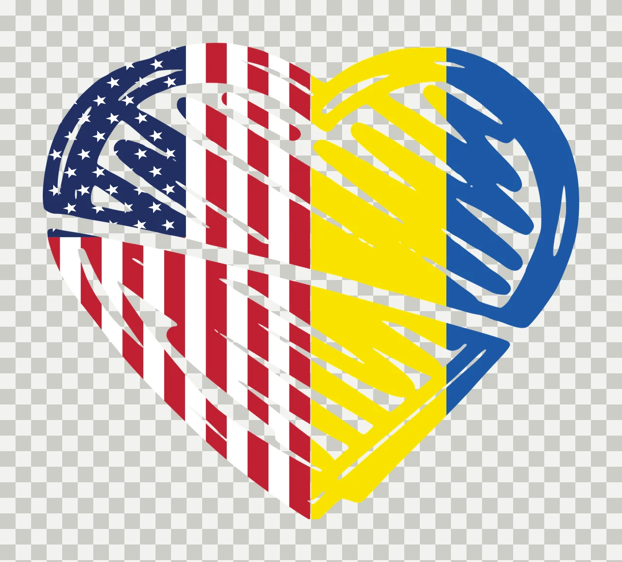 Heart-shaped design with American and Romanian flags with heart shape, American flag pattern and white vertical and horizontal stripes in blue, red and yellow transparency and detail preview thumbnail