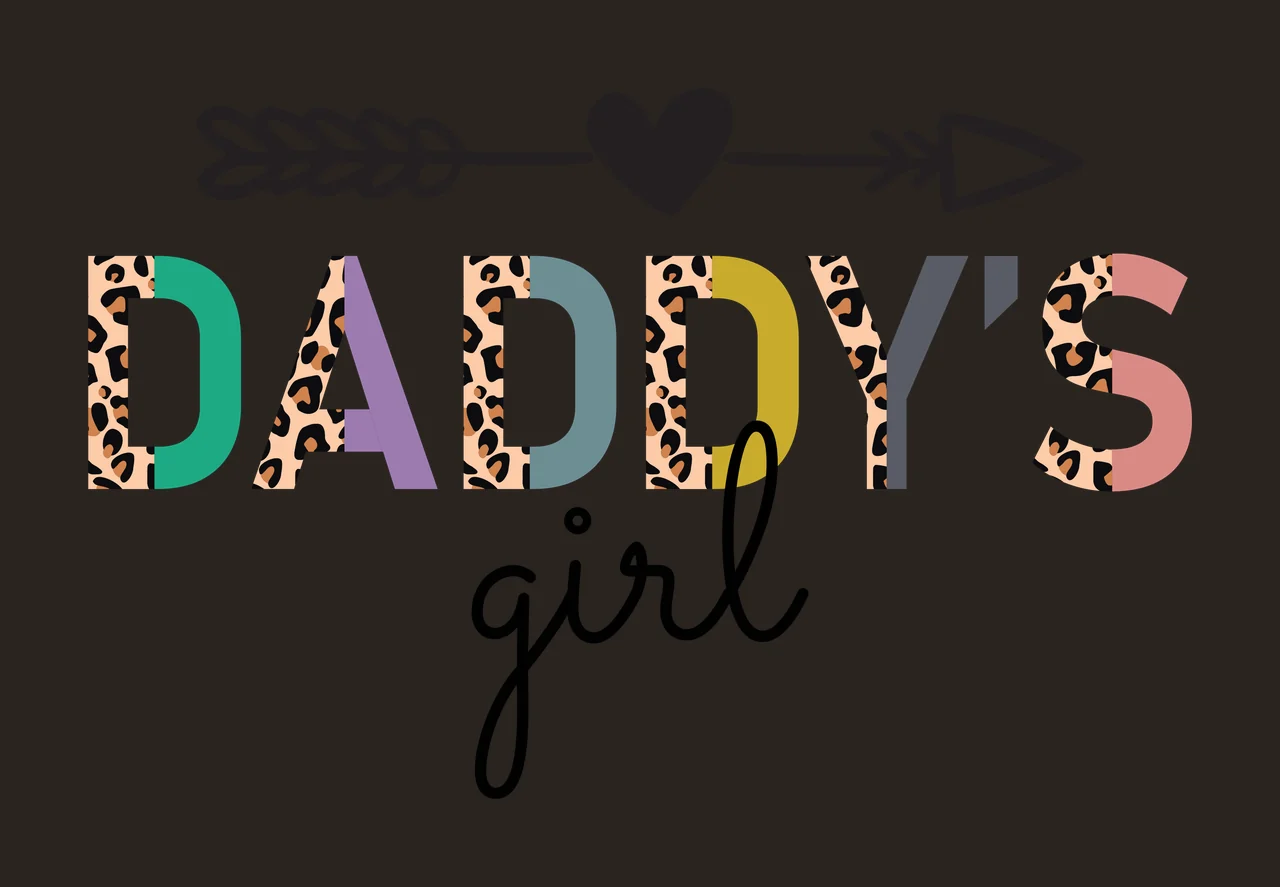 DADDY'S girl typography with tribal arrow, heart icon, block letters and script text in black, green and purple contrast preview thumbnail