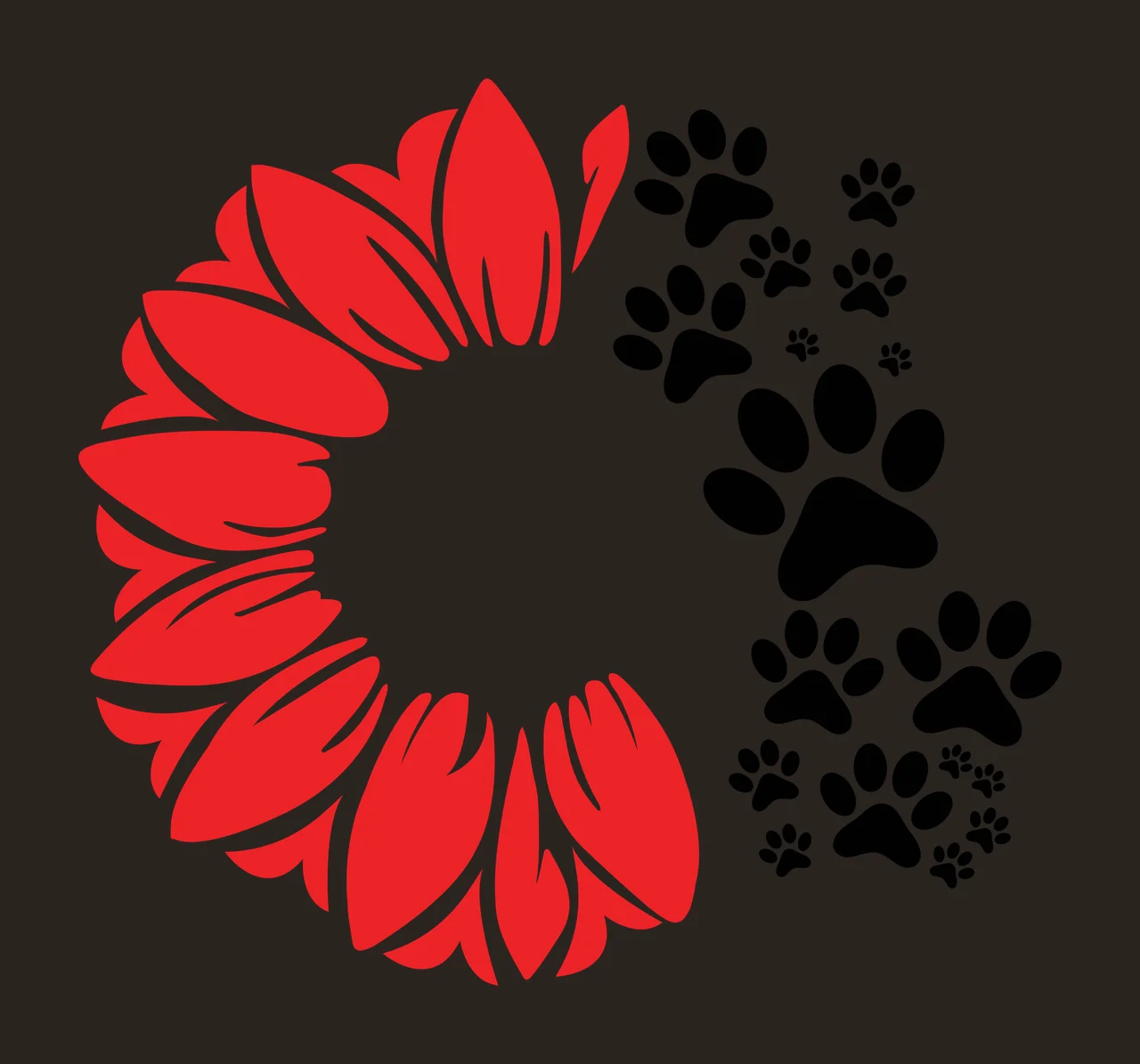 Sunflower petal wreath and paw print arrangement Illustration with red sunflower petals arranged in a circular wreath and black paw prints of varying sizes in white contrast preview thumbnail