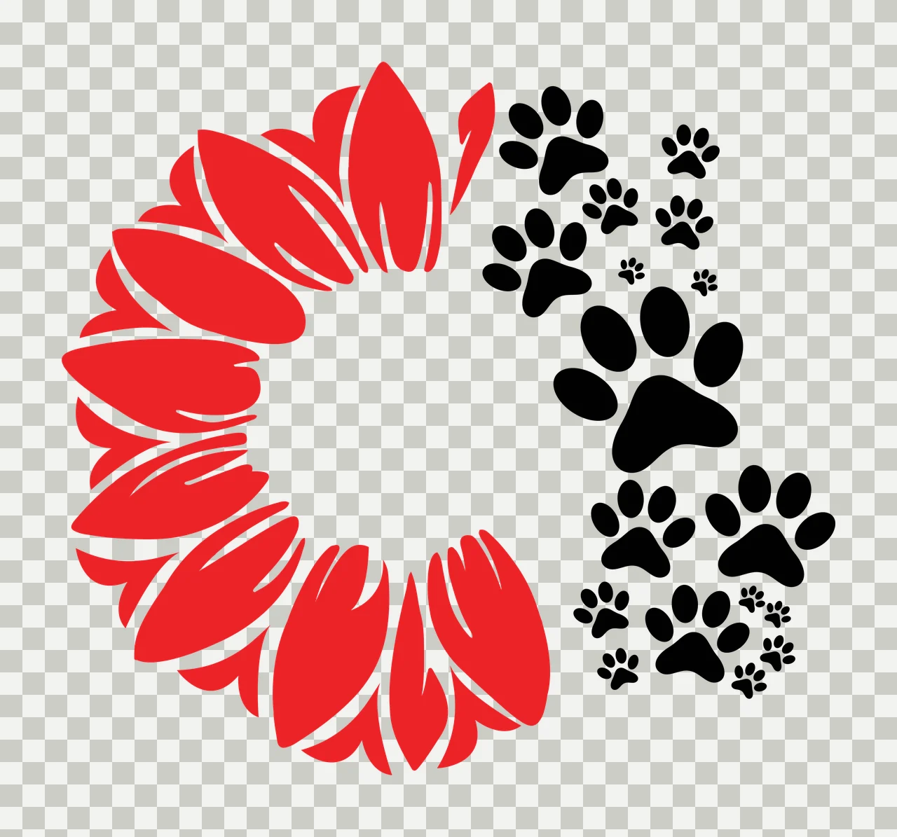 Sunflower petal wreath and paw print arrangement Illustration with red sunflower petals arranged in a circular wreath and black paw prints of varying sizes in white transparency and detail preview thumbnail