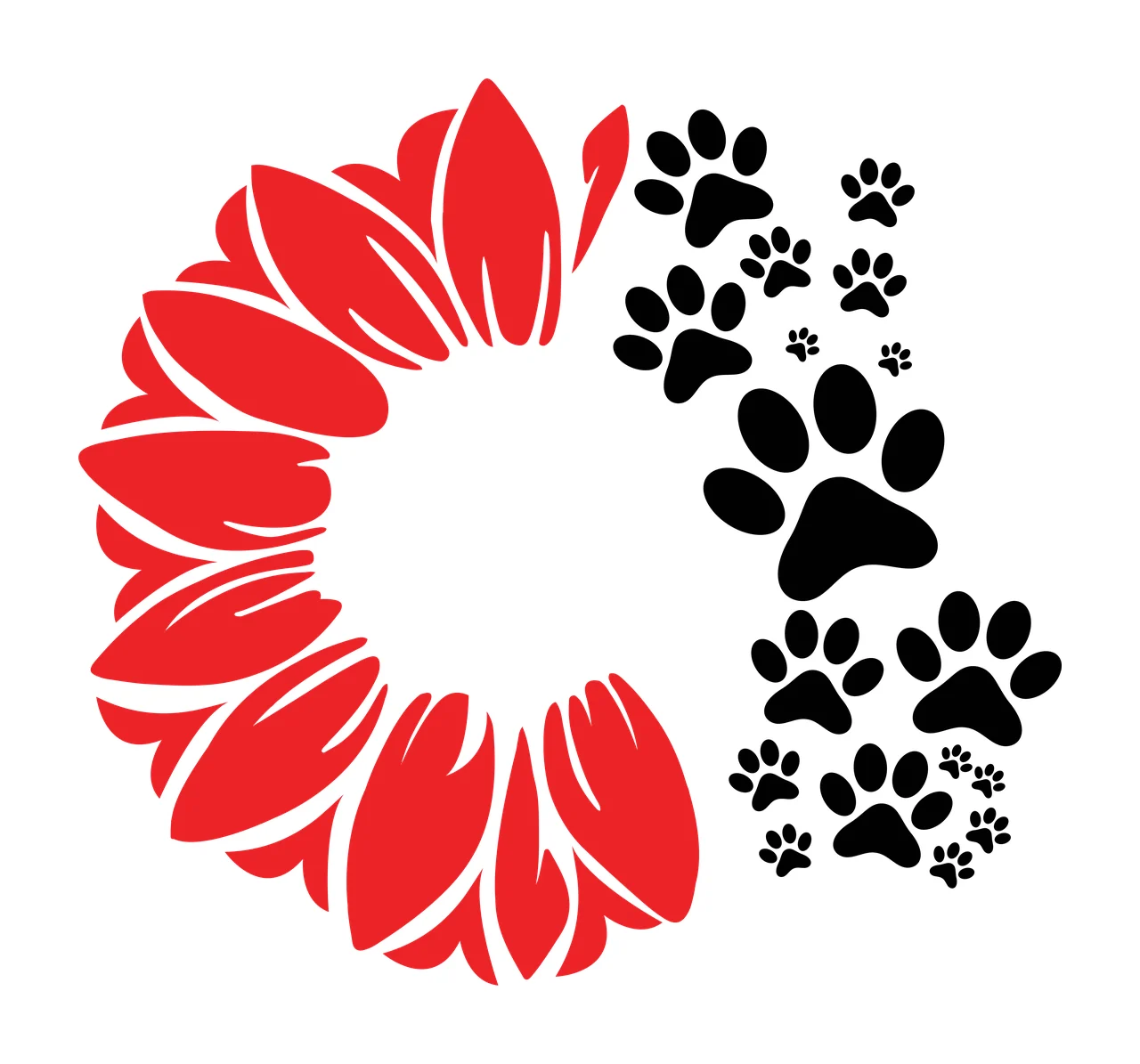 Sunflower petal wreath and paw print arrangement Illustration with red sunflower petals arranged in a circular wreath and black paw prints of varying sizes in white