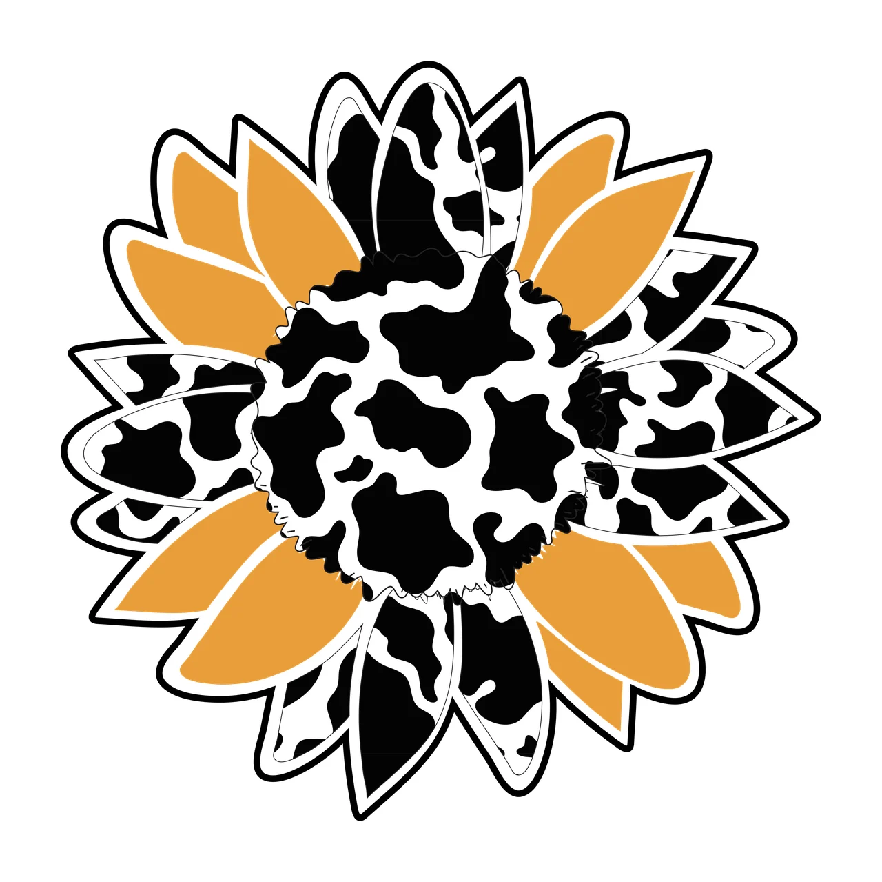 Sunflower Illustration with sunflower petals, cow print pattern, central disk and black outlines in white and mustard yellow