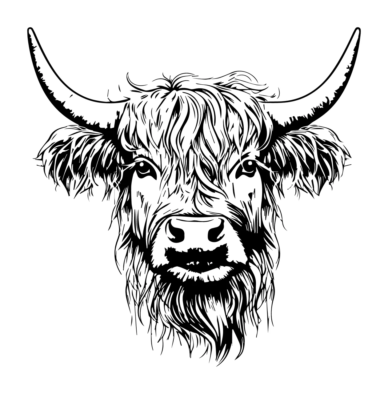 Highland Cow Head Front View facing forward horns shaggy fur