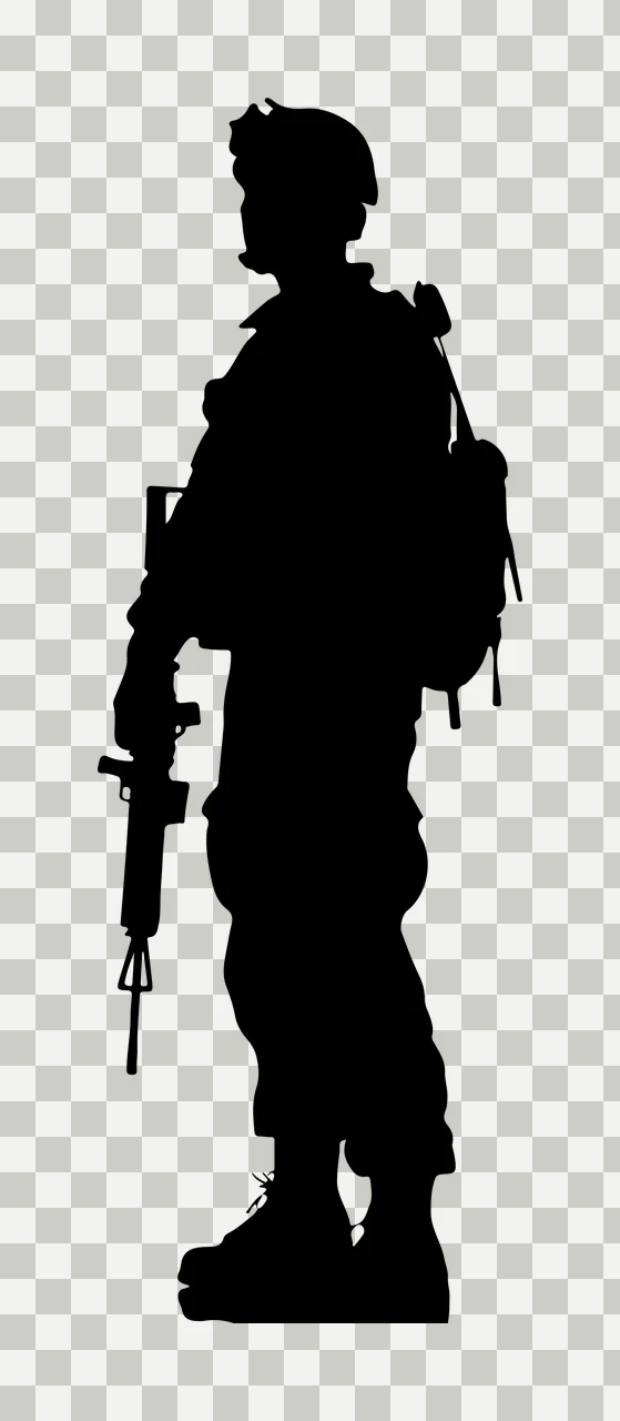 A Dark Silhouette Of Standing Soldier Holding Rifle backpack transparency and detail preview thumbnail