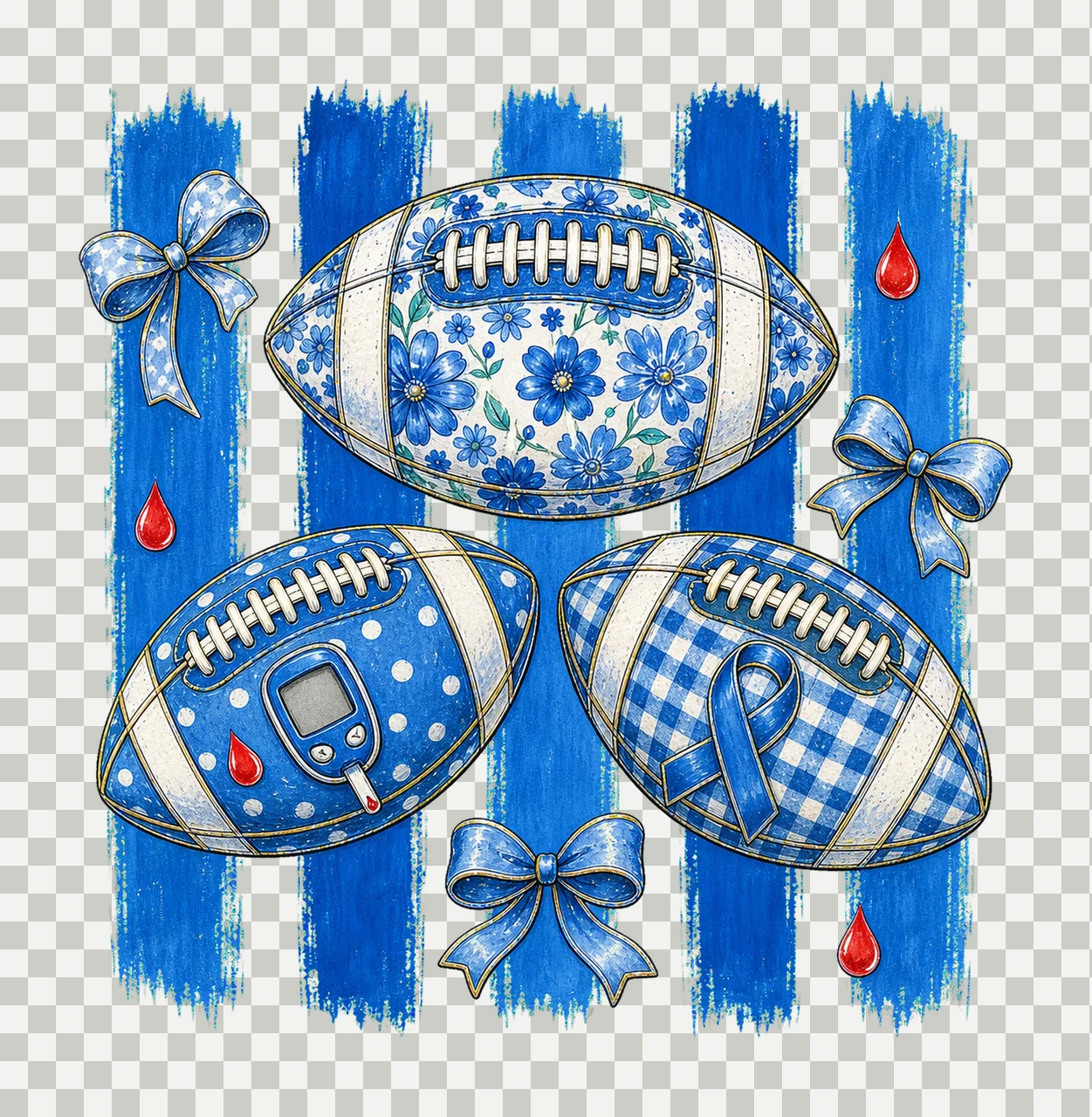 Diabetes Awareness Football Blue Floral Ribbon bundle 02 transparency and detail preview thumbnail
