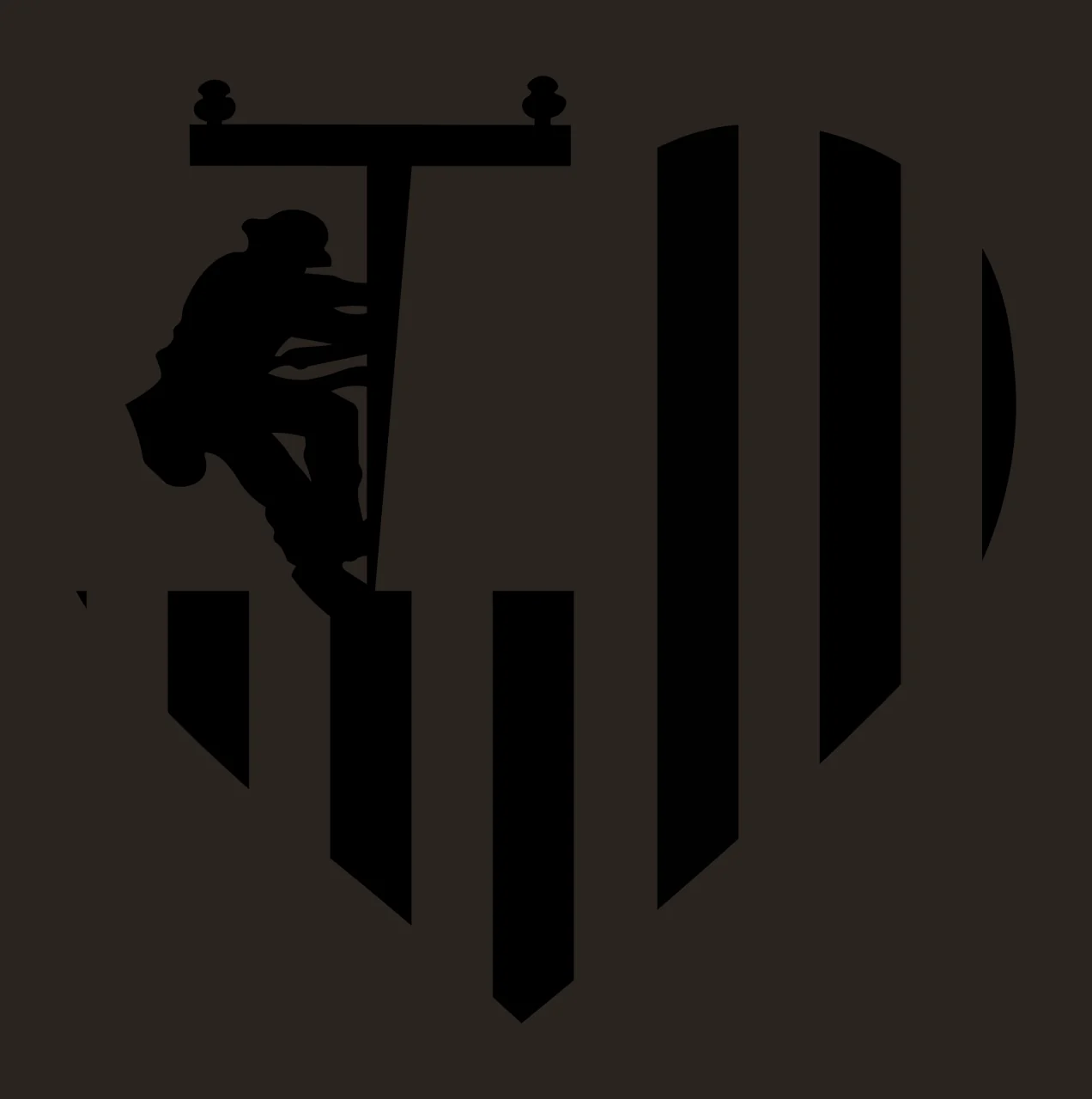 Lineworker silhouette climbing utility pole Illustration with striped heart shape, vertical stripes and hard hat in black and white contrast preview thumbnail