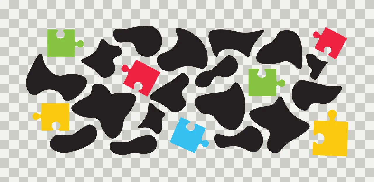 Abstract pattern with black organic shapes and colorful puzzle pieces Illustration with green puzzle piece, red puzzle piece, yellow puzzle piece and blue puzzle piece transparency and detail preview thumbnail
