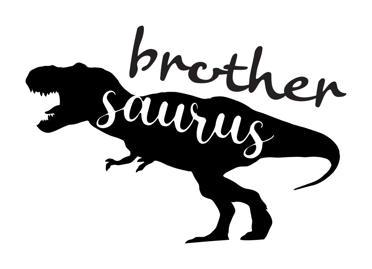 Brother saurus tyrannosaurus rex silhouette Design with dinosaur silhouette, script typography and hand written lettering in black and white