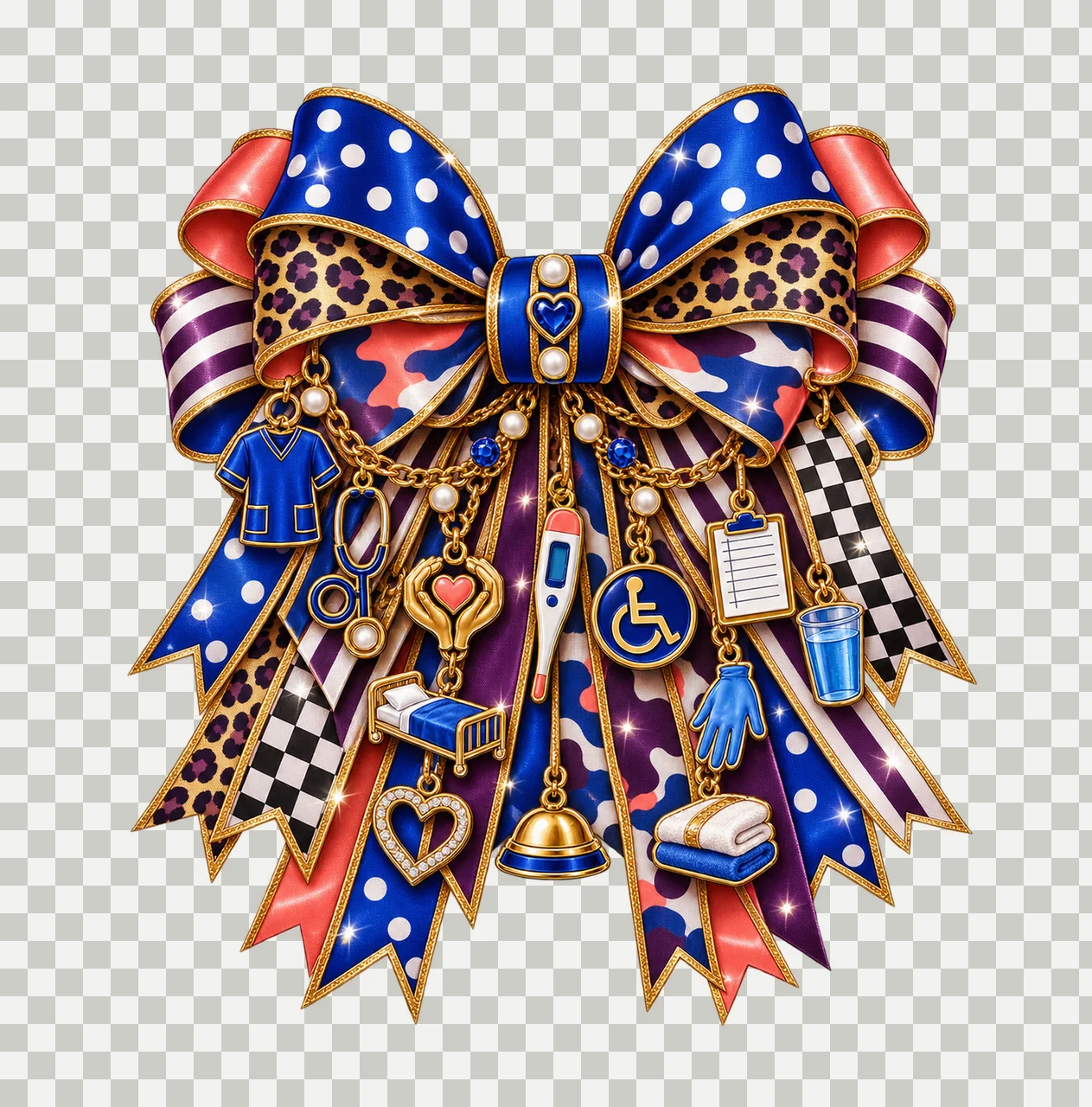 Certified Nursing Assistant Bow Charm PNG, Themed Gold Chain Charms, Coquette Ribbon Sublimation Design, Transparent Digital Download transparency and detail preview thumbnail