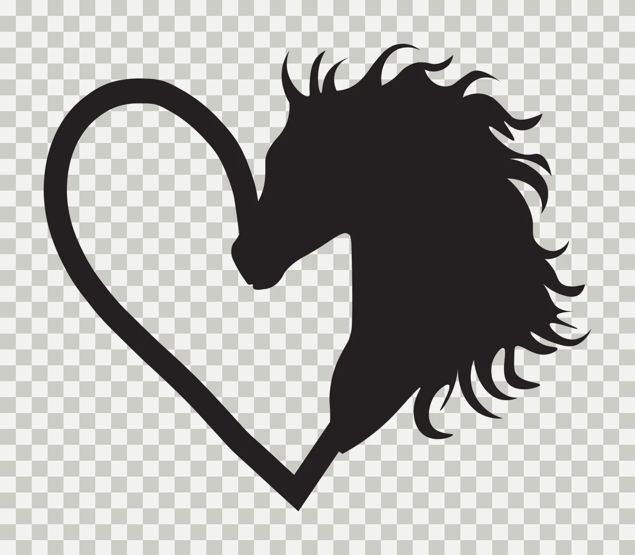 Horse head and heart silhouette Illustration with heart outline and mane in black and white transparency and detail preview thumbnail