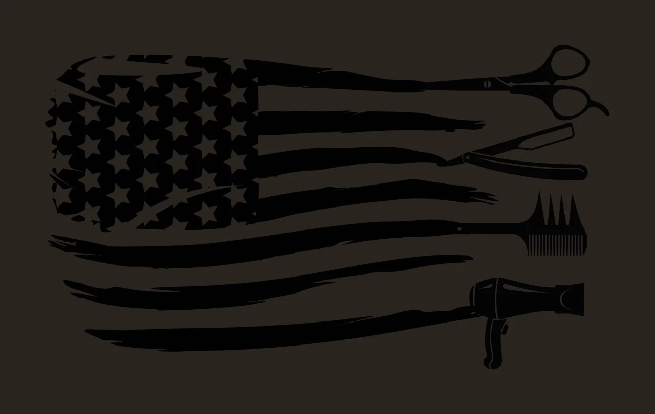 Silhouette Design of American flag styled with barber and hair salon tools with haircutting scissors, straight razor, comb and hair dryer in black and white contrast preview thumbnail