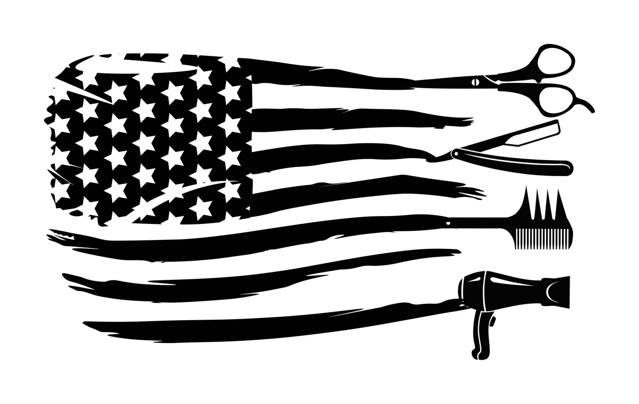 Silhouette Design of American flag styled with barber and hair salon tools with haircutting scissors, straight razor, comb and hair dryer in black and white