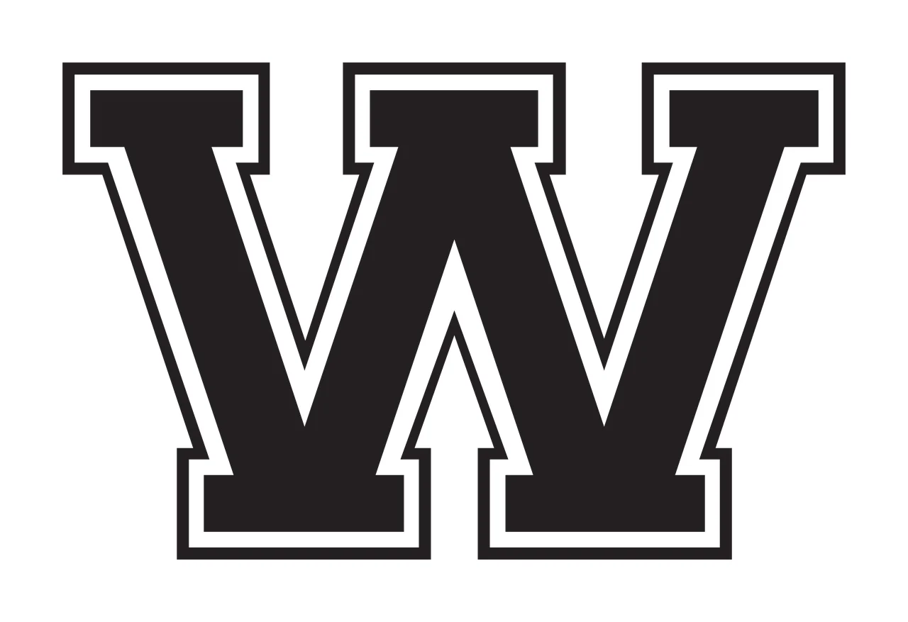 W Letter Design with slab serifs, double border and outline in black and white