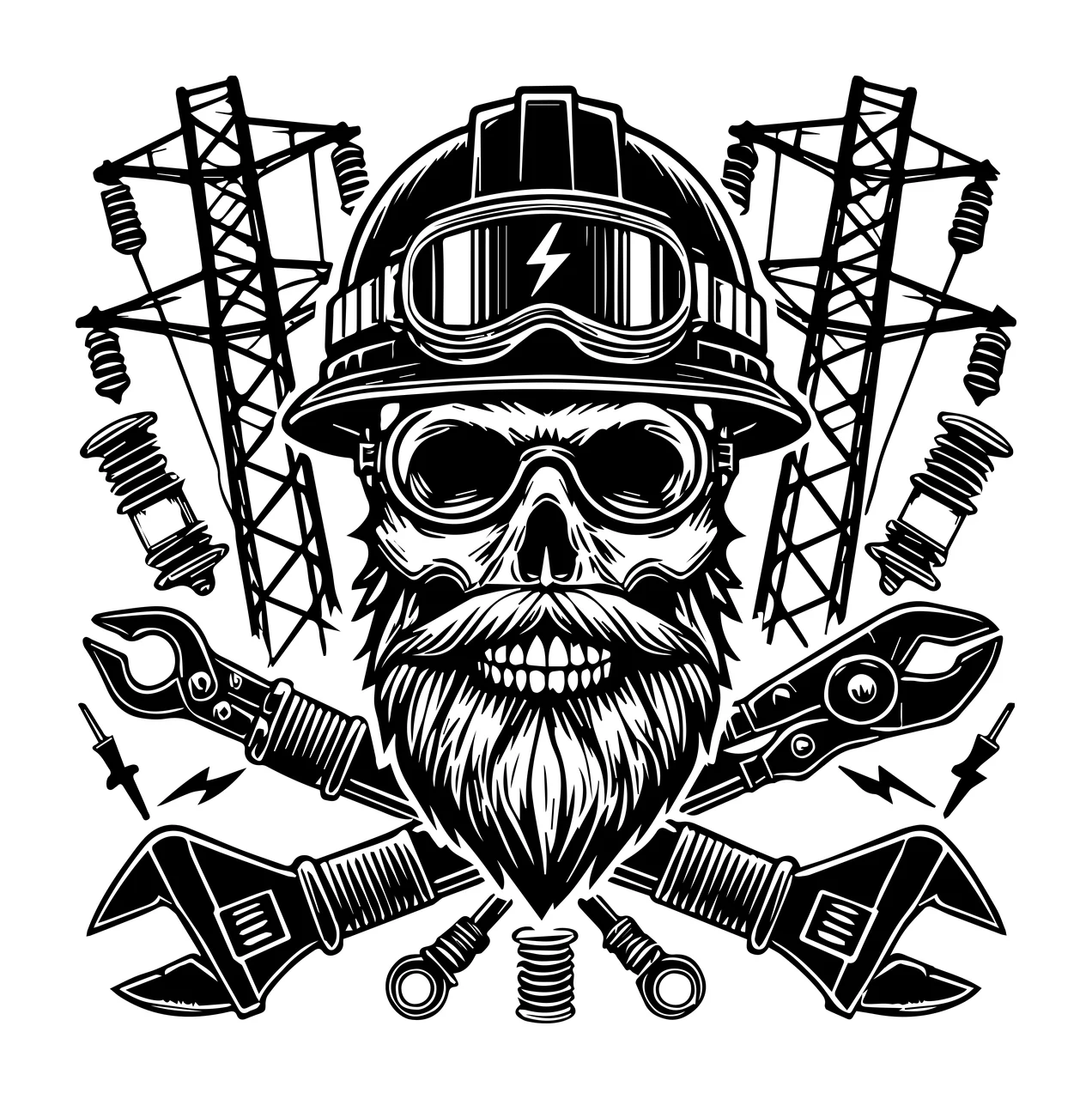 Skull Wearing Electrical Worker Hard Hat wear goggles towers