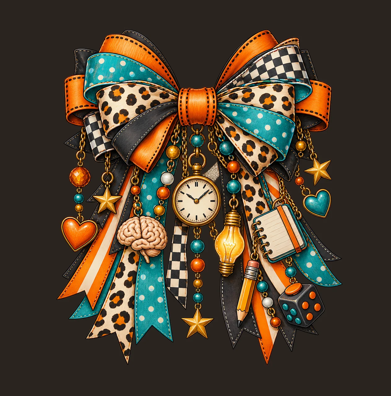 ADHD Awareness PNG, Brain and Clock Coquette Bow, No Text Sublimation Clipart, Transparent Digital Download contrast preview thumbnail