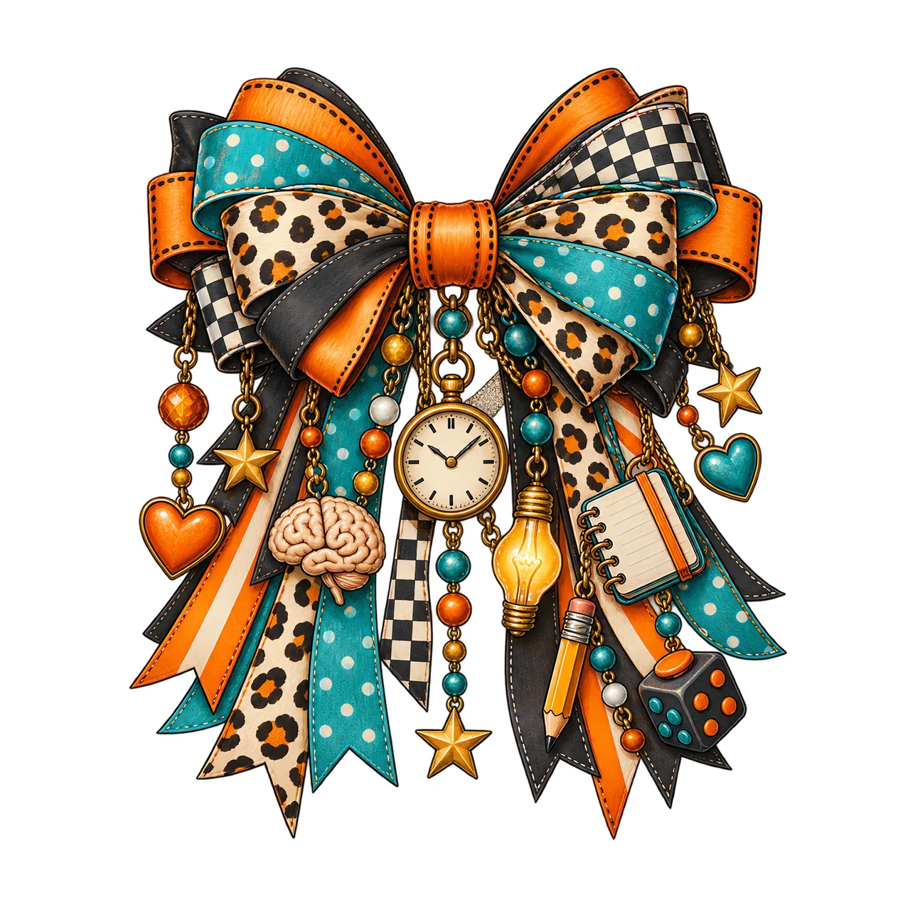 ADHD Awareness PNG, Brain and Clock Coquette Bow, No Text Sublimation Clipart, Transparent Digital Download