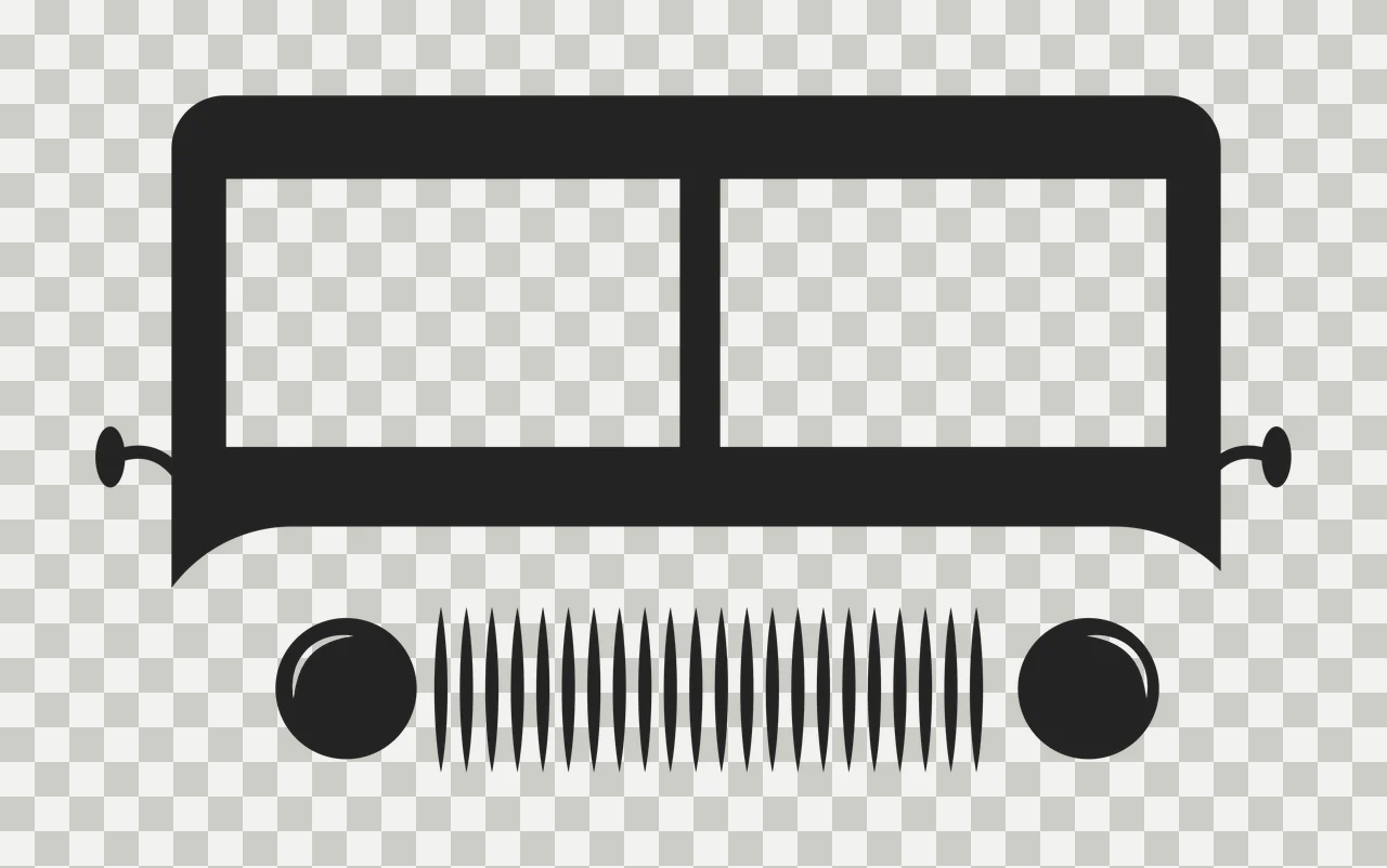 Bus front silhouette Illustration with black bus front, dual rectangular windows, vertical grille and two round headlights in white transparency and detail preview thumbnail