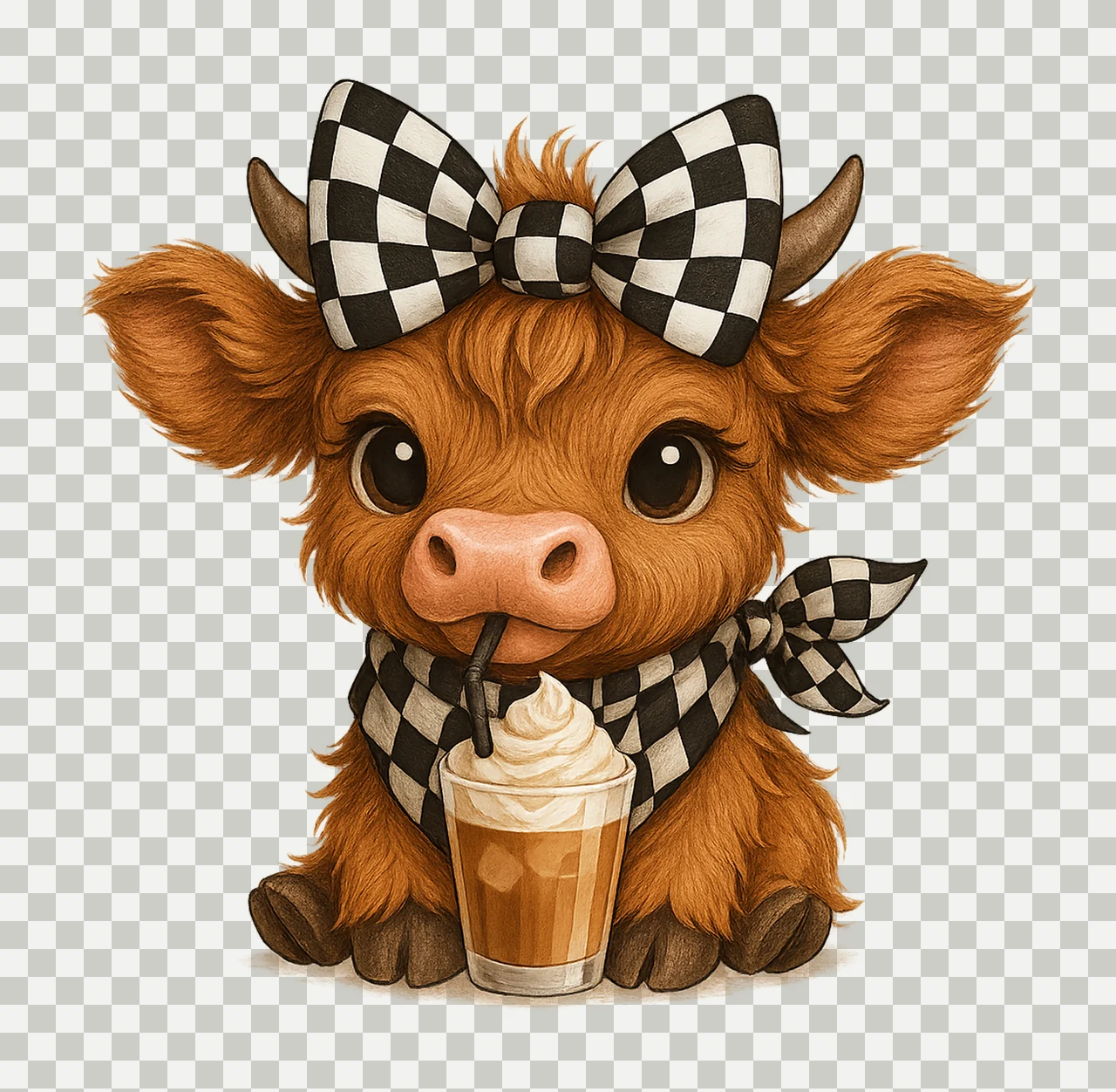 Coffee Addict Highland Cow Race checkered bow Kawaii Cow transparency and detail preview thumbnail