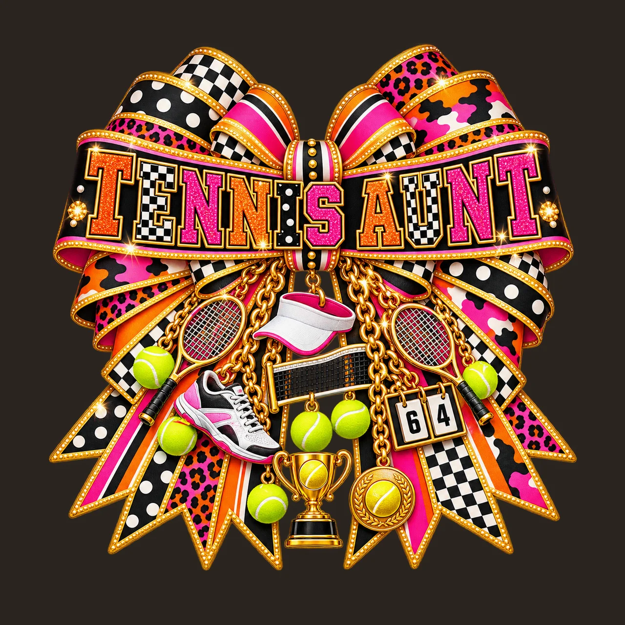 Tennis Aunt Bow Charm PNG, Patterned Varsity Aunt Ribbon Clipart, Transparent Sublimation Digital Download contrast preview thumbnail