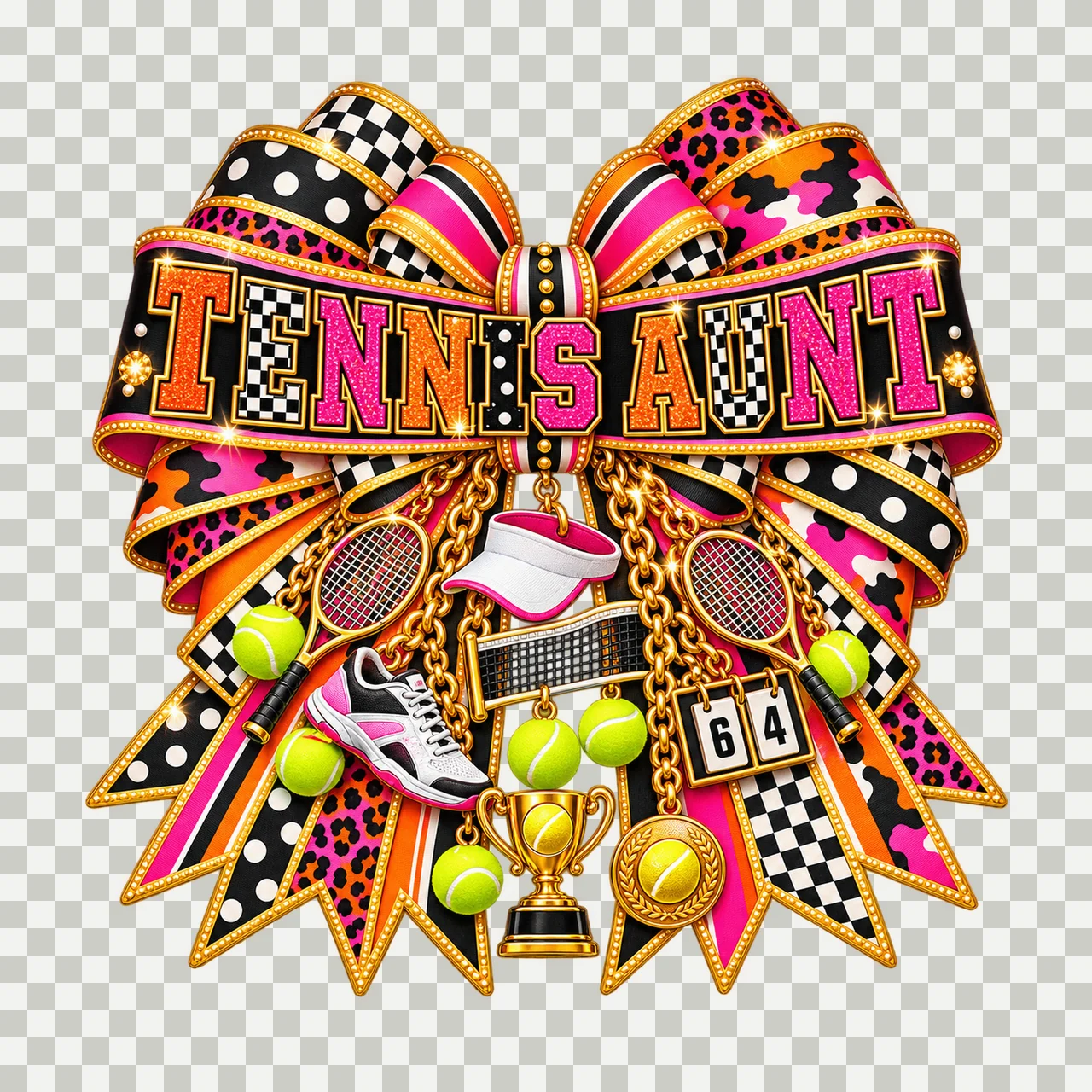 Tennis Aunt Bow Charm PNG, Patterned Varsity Aunt Ribbon Clipart, Transparent Sublimation Digital Download transparency and detail preview thumbnail