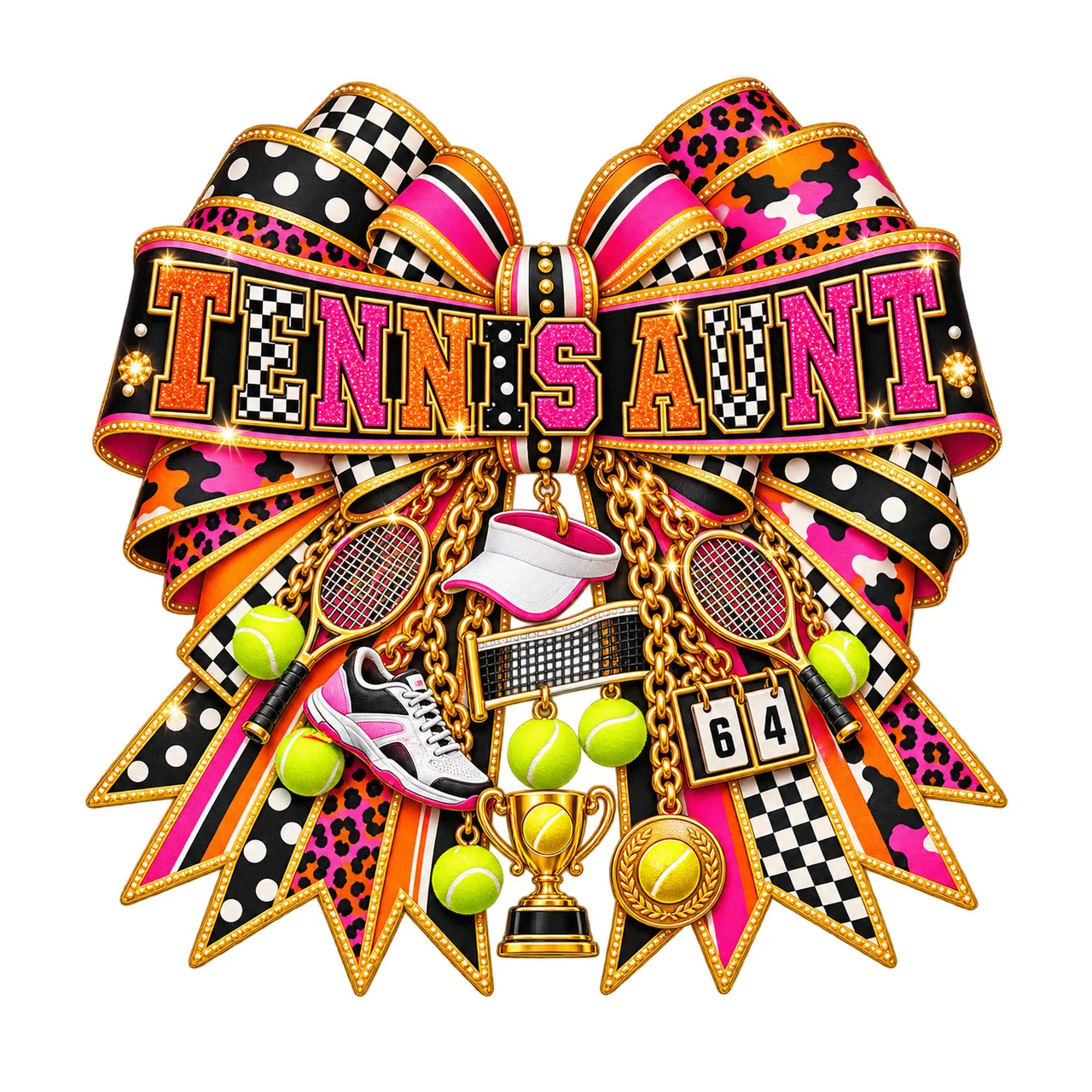 Tennis Aunt Bow Charm PNG, Patterned Varsity Aunt Ribbon Clipart, Transparent Sublimation Digital Download