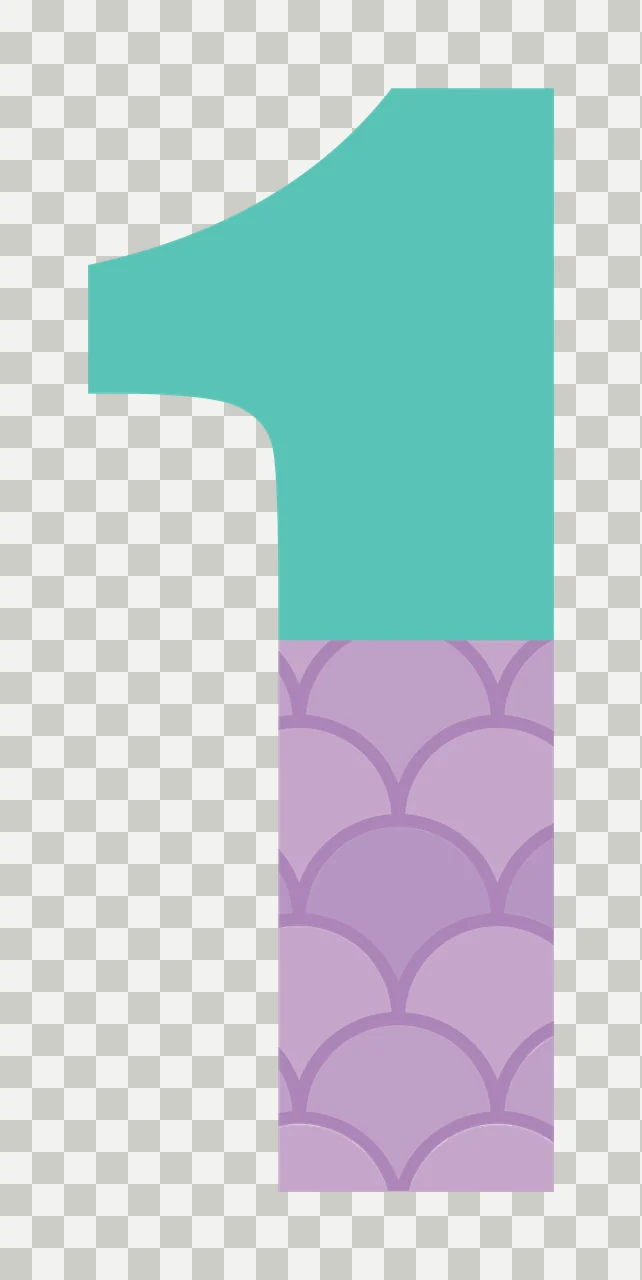 1 Number Design with digit 1, scallop pattern, fish scale pattern and two-tone color block in teal, turquoise and lavender transparency and detail preview thumbnail