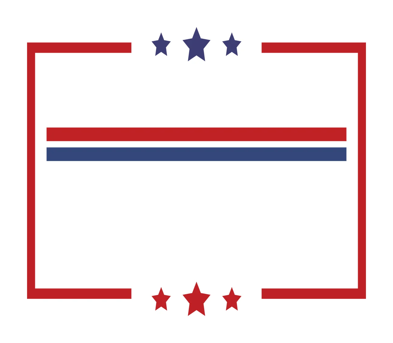 Political- border design with stars and stripes with red rectangular frame, three navy stars at top, three red stars at bottom and two horizontal stripes red and navy in navy blue