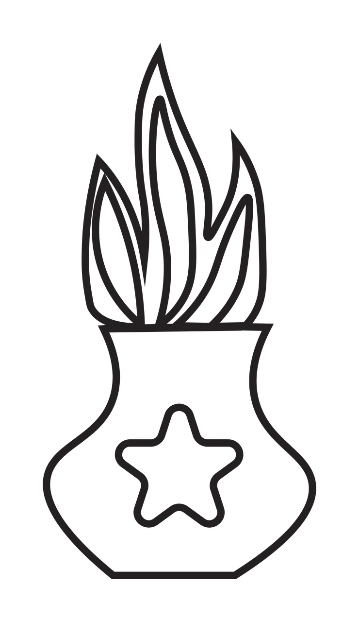 Line Art Illustration of Vase with flame and star in black and white