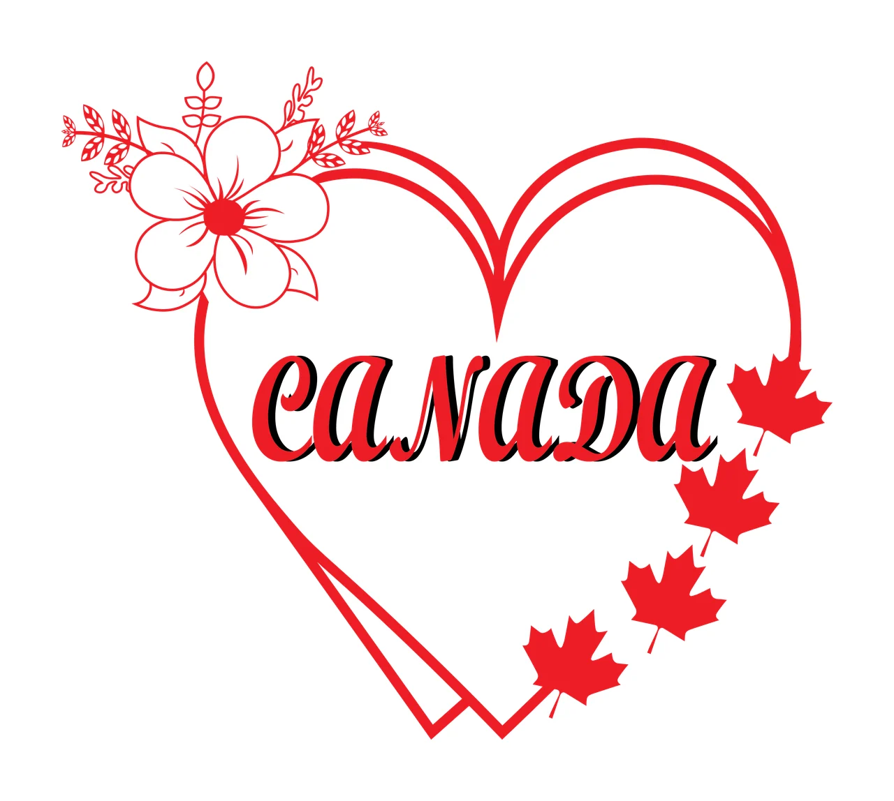 Canada Heart Frame With Maple Leaves shape flower line art