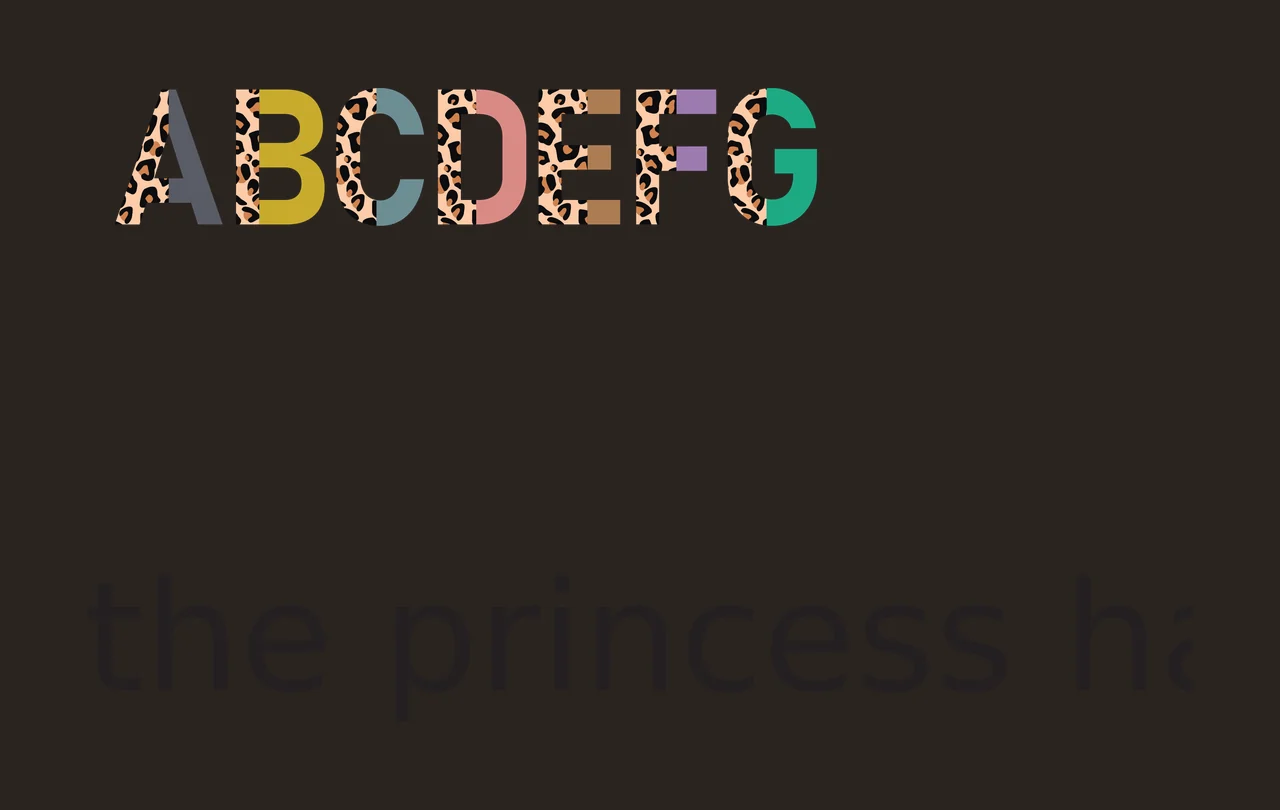 ABCDEFG the princess has Typography Design with split letters, leopard pattern and sans-serif text in white, black and ochre contrast preview thumbnail