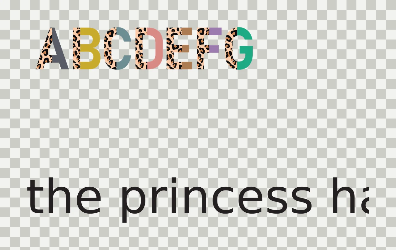 ABCDEFG the princess has Typography Design with split letters, leopard pattern and sans-serif text in white, black and ochre transparency and detail preview thumbnail