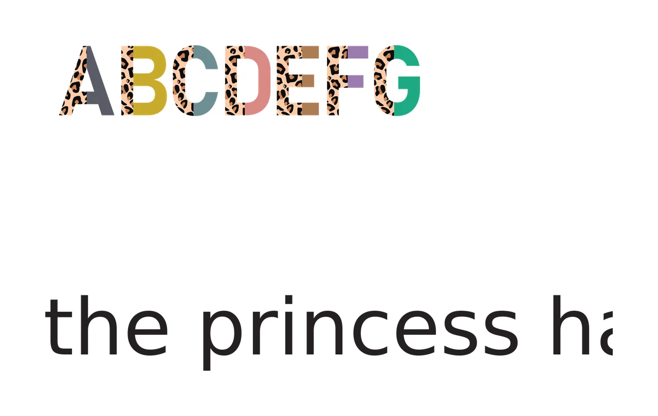 ABCDEFG the princess has Typography Design with split letters, leopard pattern and sans-serif text in white, black and ochre