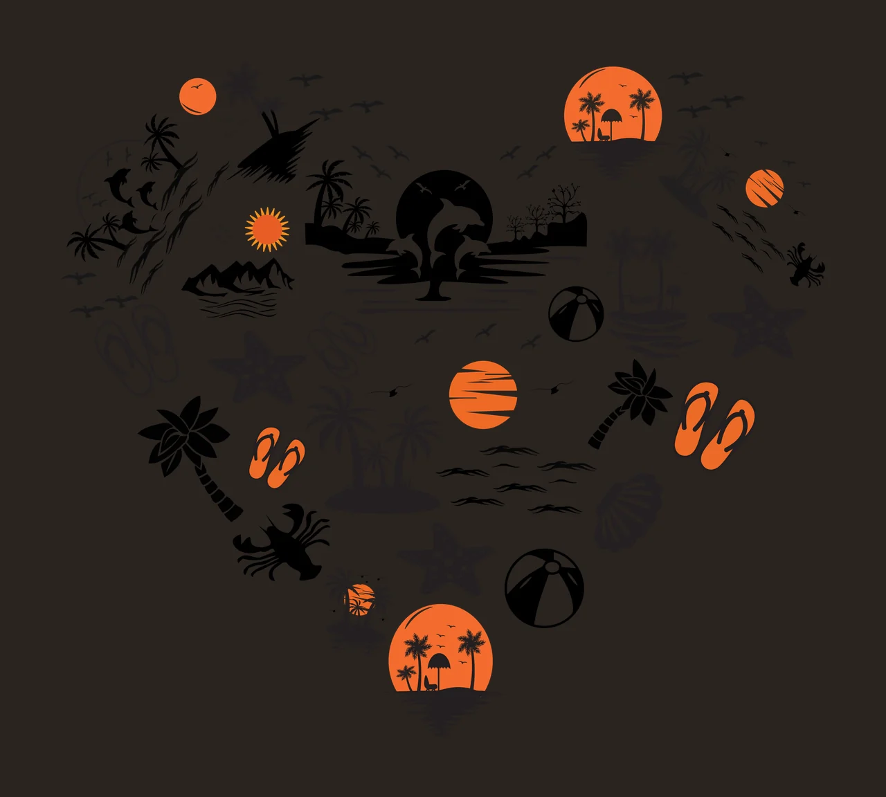 Silhouette Design of heart shape tropical beach composition with palm trees, dolphins, sun and flip flops in black, orange and white contrast preview thumbnail