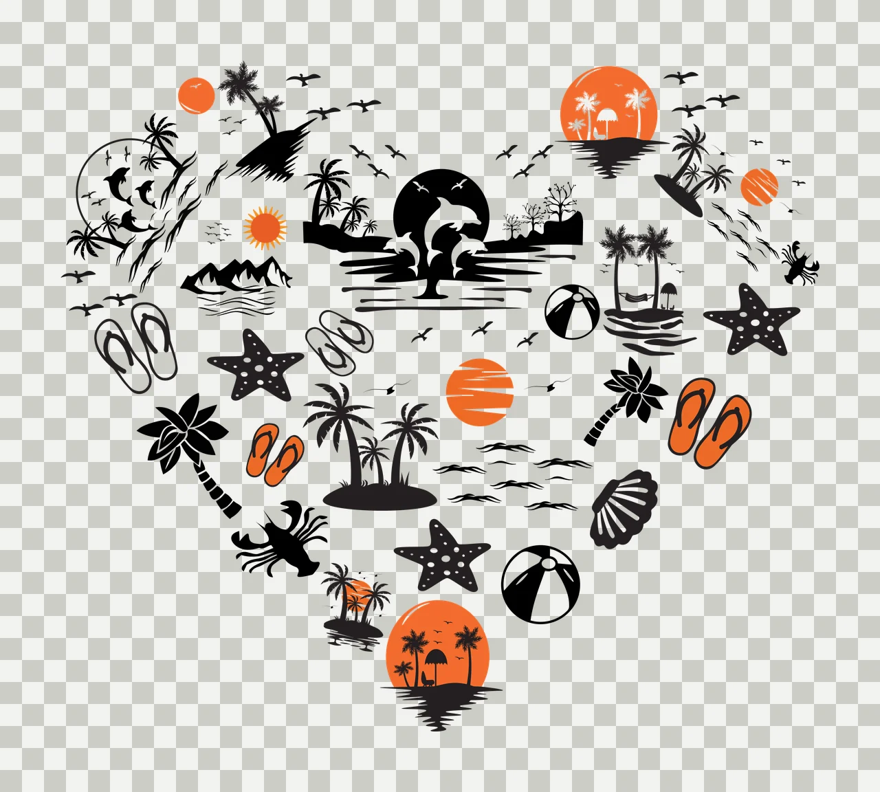 Silhouette Design of heart shape tropical beach composition with palm trees, dolphins, sun and flip flops in black, orange and white transparency and detail preview thumbnail