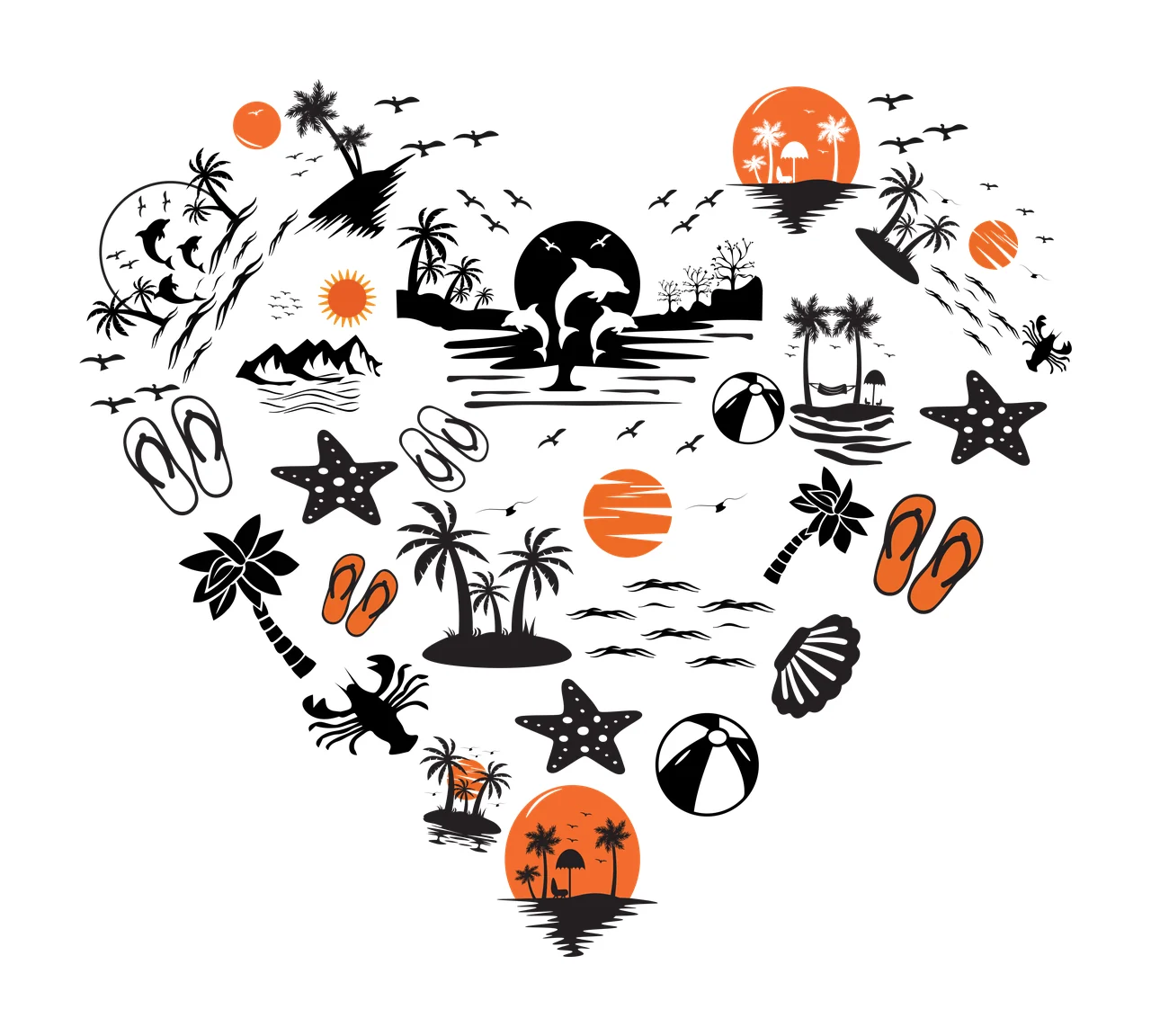 Silhouette Design of heart shape tropical beach composition with palm trees, dolphins, sun and flip flops in black, orange and white
