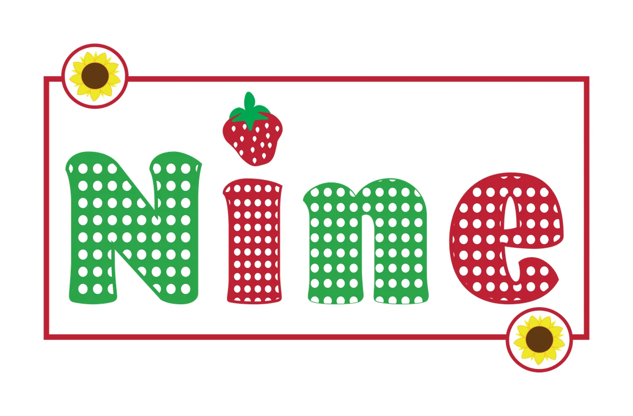 Nine Typography Design with polka dot letters, strawberry icon, sunflower circular emblems and rectangular border in green, red and white