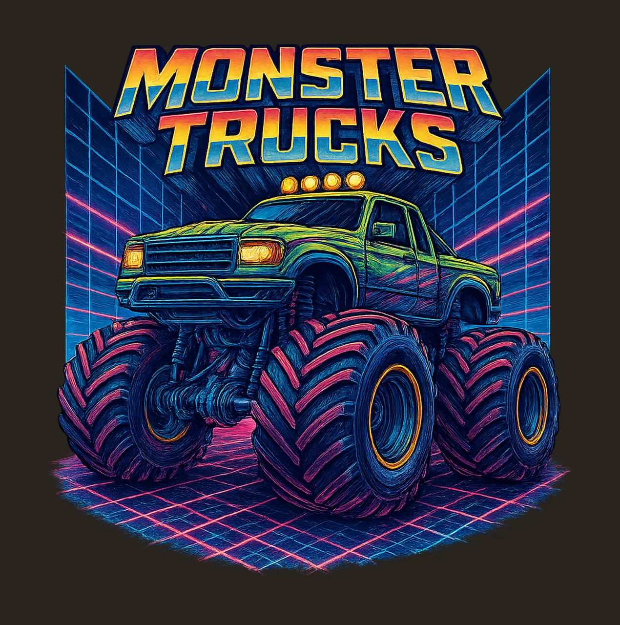 Neon Monster Truck Shirt Design Retro 80s Style Racing contrast preview thumbnail