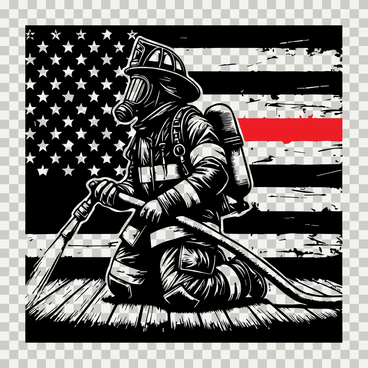 Flag Firefighter Silhouette spraying water hose helmet oxygen tank transparency and detail preview thumbnail