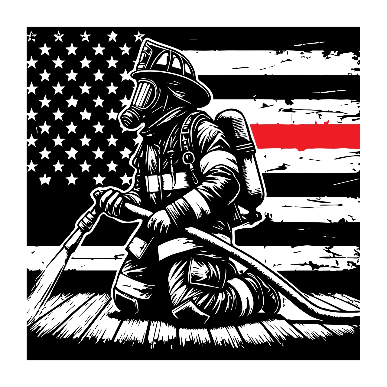 Flag Firefighter Silhouette spraying water hose helmet oxygen tank