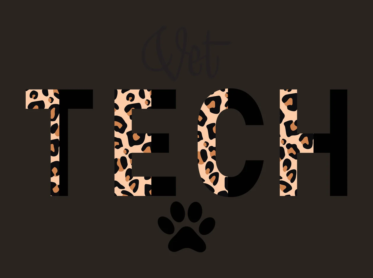 Vet TECH Vet Tech logo design with black cursive 'Vet', black block letters 'TECH' with leopard print fill and black paw print in tan and brown contrast preview thumbnail