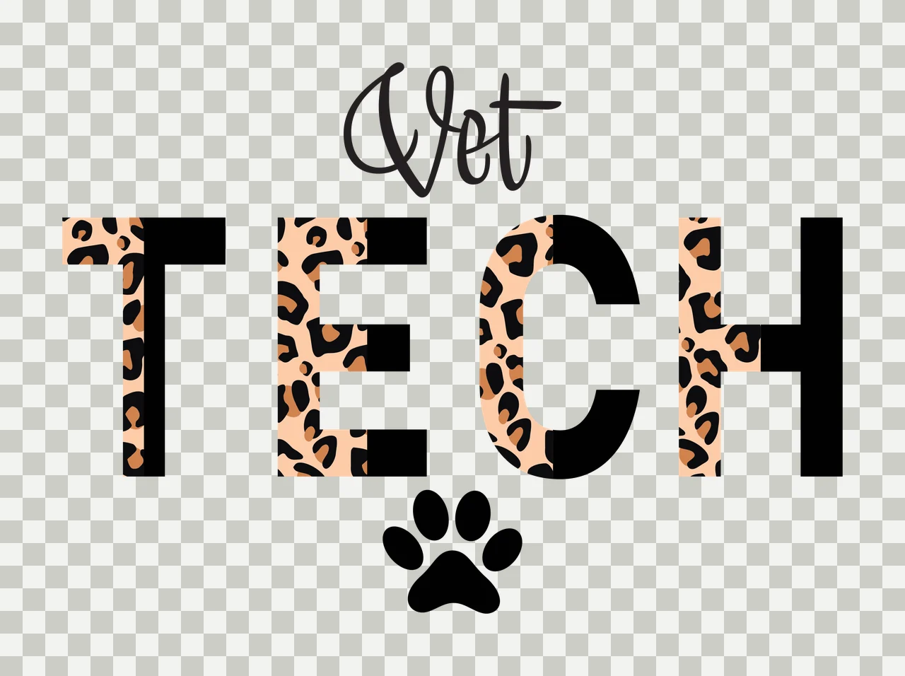 Vet TECH Vet Tech logo design with black cursive 'Vet', black block letters 'TECH' with leopard print fill and black paw print in tan and brown transparency and detail preview thumbnail