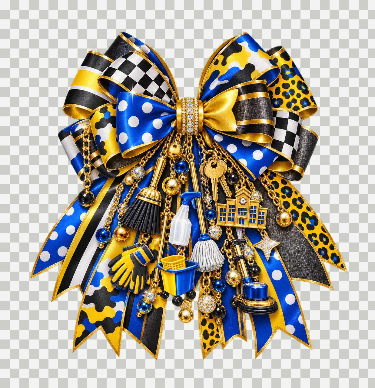 School Custodian Bow Charm PNG, Themed Gold Chain Charms, Coquette Ribbon Sublimation Design, Transparent Digital Download transparency and detail preview thumbnail