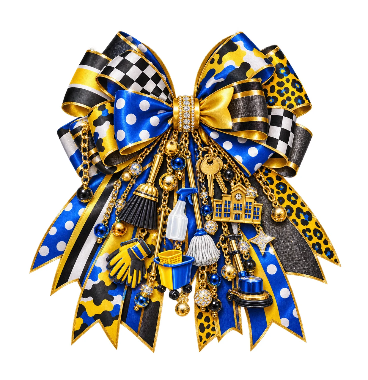 School Custodian Bow Charm PNG, Themed Gold Chain Charms, Coquette Ribbon Sublimation Design, Transparent Digital Download