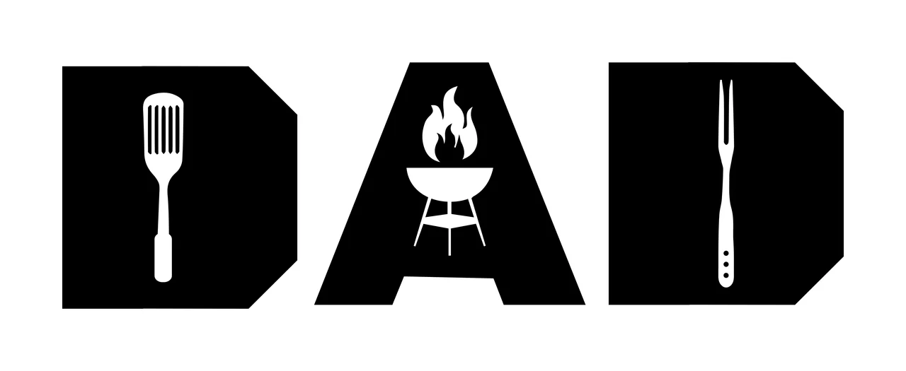 DAD Typography Design with spatula, barbecue grill, flames and fork in black and white