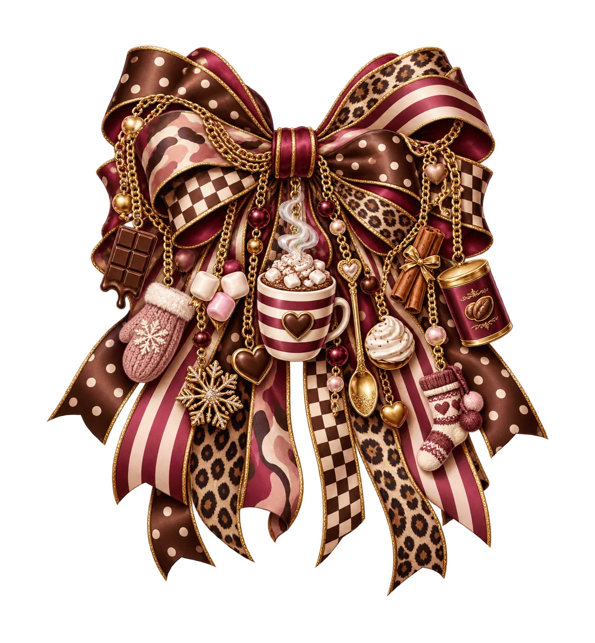 Hot Cocoa Lover Bow Charm PNG, Mug Marshmallow Chocolate and Cozy Winter Charms, Sublimation Design, Transparent Download