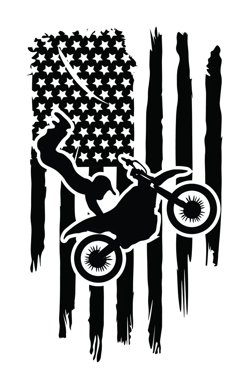 Motocross Rider Jumping Over Torn Flag motorcycle stars stripes