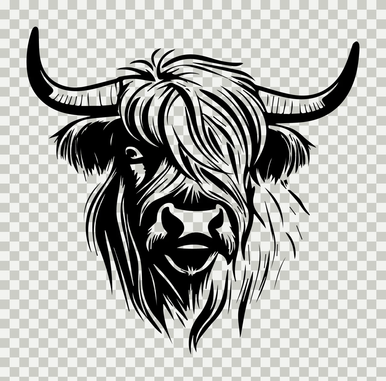 Cow Highland Cattle Head Graphic Illustration looking horns transparency and detail preview thumbnail