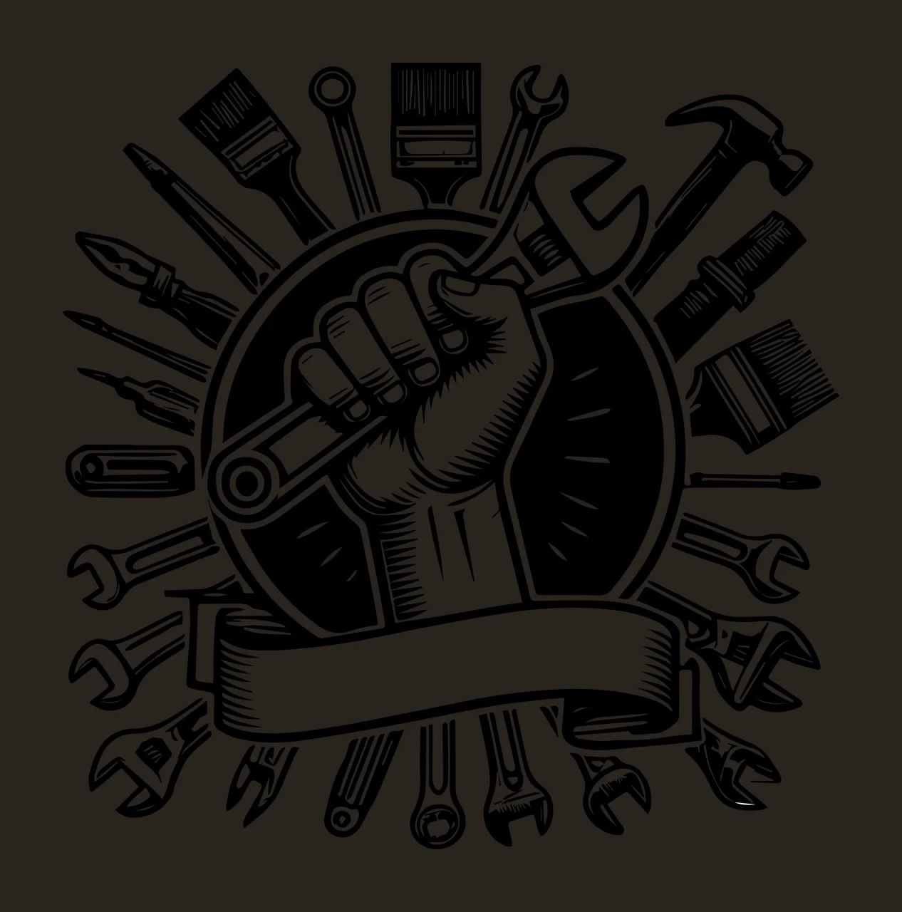 Hand Holding Wrench With Assorted Tools hammer paint brush contrast preview thumbnail