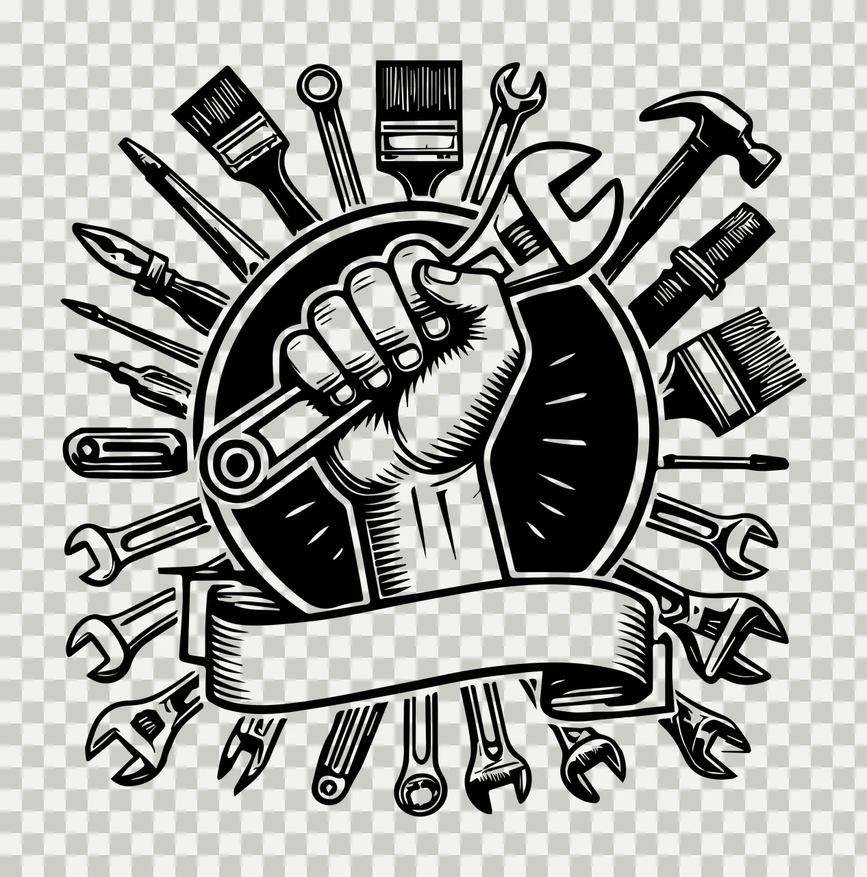 Hand Holding Wrench With Assorted Tools hammer paint brush transparency and detail preview thumbnail