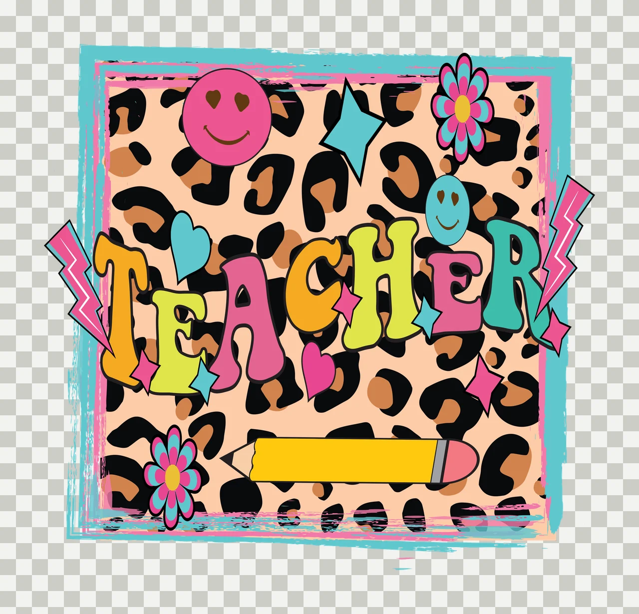 TEACHER TEACHER typography with TEACHER text, leopard print, smiley faces and pencil in pink, yellow and orange transparency and detail preview thumbnail